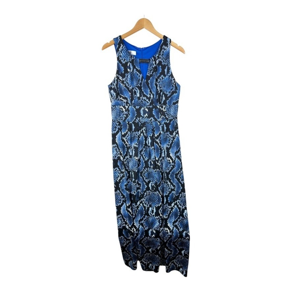 DR COLLECTION MULTI BLUE‎ PYTHON SLEEVELESS DRESS LONG SIZE MEDIUM ZIP BACK